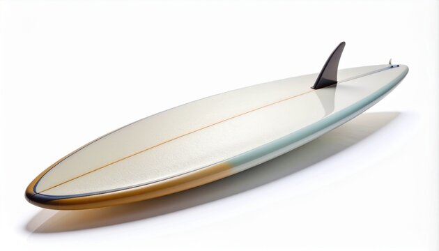 A classic single fin surfboard with a stylish gradient design, showcasing its sleek shape and fin. This recreational water sport equipment is isolated and ready for summer on a white background.