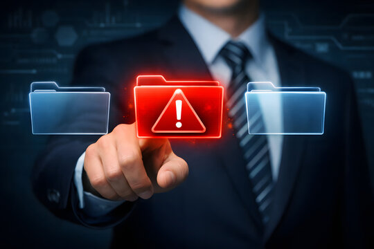 A professional points at a glowing red folder icon displaying a warning symbol, signifying a data security risk or system error in a digital interface