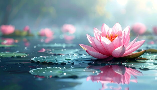 Pink lotus blossom on water with lily pads. Sunlit peaceful scene
