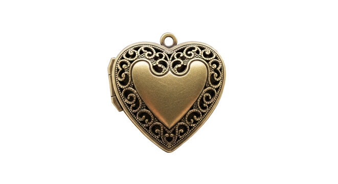 An antique brass locket in the shape of a heart, filigree details, isolated on black