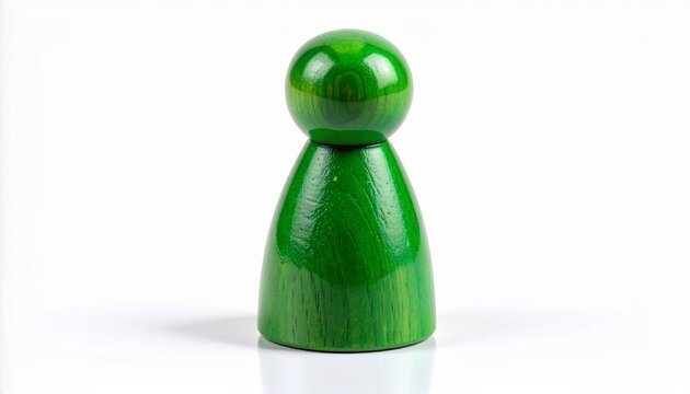 A single green wooden pawn, a classic game piece for board games like Ludo or Parcheesi, standing isolated on a clean white background. The piece is shiny and shows wood grain texture.