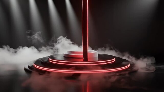 A glowing red ring and tiered platform stage surrounded by fog and spotlights