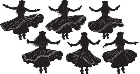 Black silhouette set of traditional Hawaiian hula dancers, women in grass skirts performing Polynesian folk dance, isolated on white background. © Creative_Solution