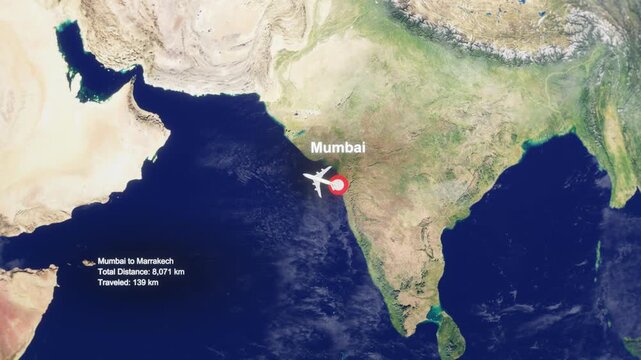 3D Earth Flight Route Mumbai To Marrakech With Dotted Path And HUD Data