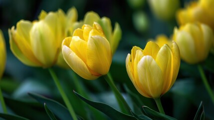 Yellow tulips grow in a garden during springtime. The flowers stand tall and vibrant among lush green leaves. Sunlight shines on the petals highlighting their shape and color.