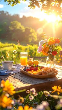 Breakfast spread on wooden table with fruit, croissant, drink, in sunny field