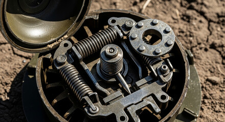 Close up of intricate deactivated landmine mechanism
