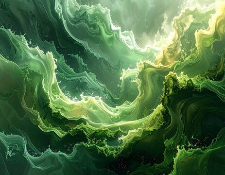 Abstract swirls of green, yellow, and white create a wave-like texture