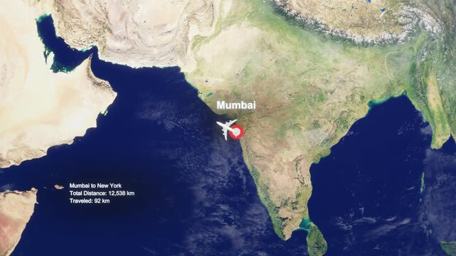 3D Earth Flight Route Mumbai To New York With Dotted Path And HUD Data