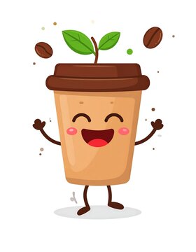 Cartoon paper cup with face, lid, leaves, beans, happy expression, arms and legs on white background