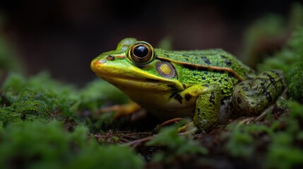 Obraz premium A green frog is sitting on green moss in a forest. It looks around taking in the sights and sounds of the daylight. The frog is near a water source where it likely spends time.