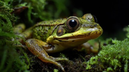 Fototapeta premium A green frog sits on green moss in a dimly lit forest. The frog looks directly at the viewer. Its skin glistens from moisture in the air. Surrounding vegetation adds texture.