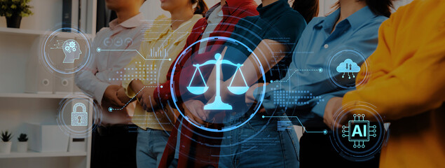 A group of women stands united, embodying justice and equality, while digital symbols represent law, technology, and social awareness in a modern context. Trope © InfiniteFlow