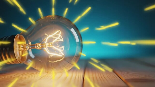 Bright incandescent light bulb illuminates with glowing filaments and radiating yellow energy streaks in this compelling video footage