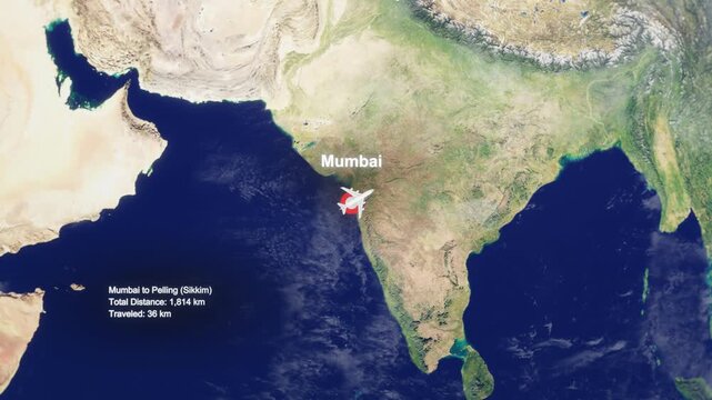 3D Earth Flight Route Mumbai To Pelling With Dotted Path And HUD Data