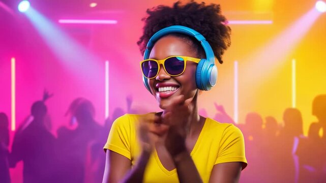 Cheerful African American woman dancing with headphones in neon nightclub. Seamless loop