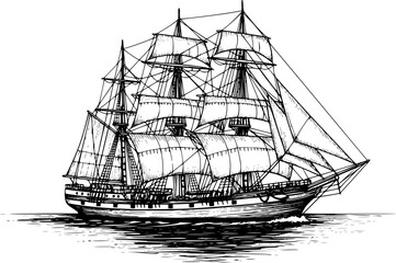 Fototapeta premium Majestic yacht sailing ship with large sails, cruising on the ocean waves, drawn in an engraved, woodcut style sketch engraving vector illustration. Scratch board. Transparent background EPS version.