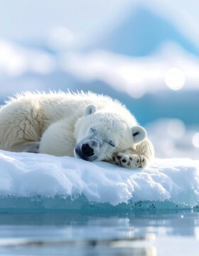 Polar bear rests asleep on an ice floe, with blurred snow background and sparkling ocean below