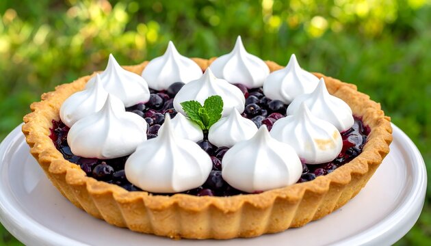 Berry pie shortbread crust, berry filling, topped with meringue kisses, on a white stand, green background