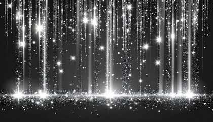 Abstract Silver Glitter Curtain with Sparkling Lights and Bokeh Effects.