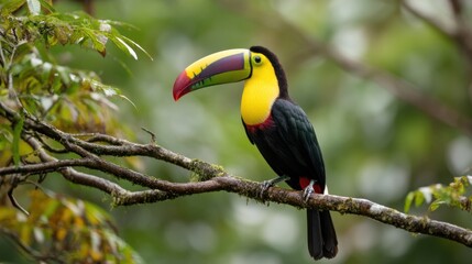Fototapeta premium A toucan with a large colorful beak is perched on a tree branch. The background shows green leaves and blurred forest scenery indicating a tropical location.