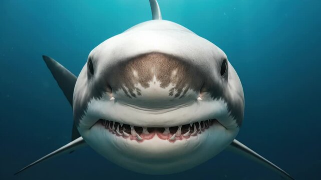 Fearsome Great White Shark Swims Towards Camera, Mouth Open, Teeth Visible, Ocean Depths