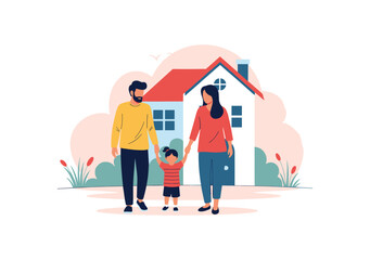 Happy family standing outside suburban home in flat design