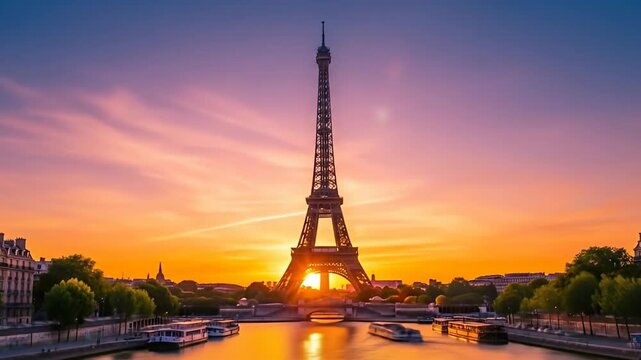 Majestic sunset view of the Eiffel Tower over the Seine River with boats and vibrant sky