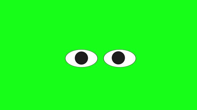 Animated cartoon eyes looking left and right on a green screen. Concept of searching, observing, or curiosity
