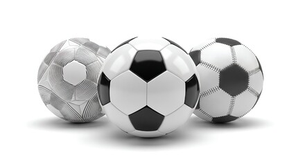Three soccer balls with different patterns on white background sports equipment football soccer balls