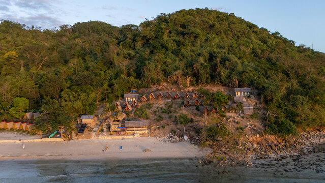 Drone aerial view of KMAAL campsite in Linapacan near Coron in The Philippines.