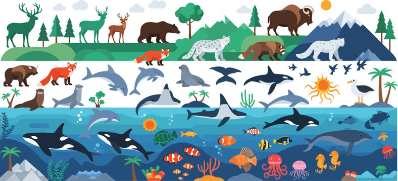 Diverse ecosystems of the world with various animals and nature landscapes