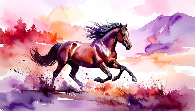 Galloping horse painted with watercolors. Pastel sky and mountain backdrop give it an ethereal feel