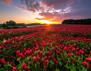 Fototapeta premium Red flower field under sunset. Sunlight flares. Clouds above. Trees in distance. Pretty and serene