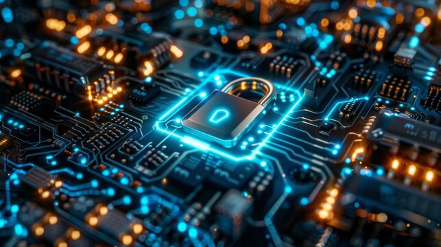 Cybersecurity concept  digital padlocks and circuit board for data privacy and network protection