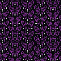 A vibrant purple and black patterned design with white accents