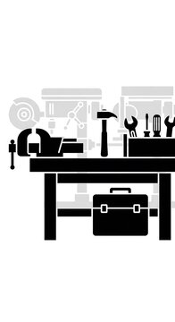 Black and white workshop tools illustration.