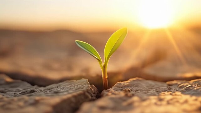 Green sprout emerging from parched cracked earth at sunset. Resilience in arid desert landscape during golden hour. Tilt up close-up shot.