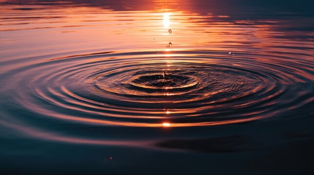 A drop falls into the water causing ripples to spread across the surface. The sunlight reflects on the water creating patterns. The scene takes place at sunset.