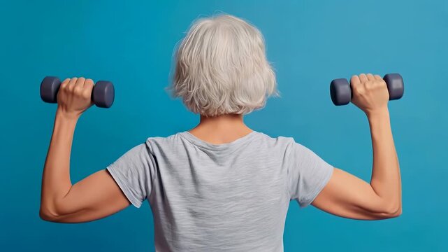 Senior woman performing overhead dumbbell presses against blue background. Rear view of active grandmother exercising at home. Lockdown medium shot.