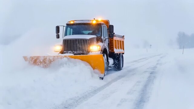 Heavy snowplow truck clearing rural road during winter blizzard. Panning shot of industrial vehicle removing deep snow from highway.
