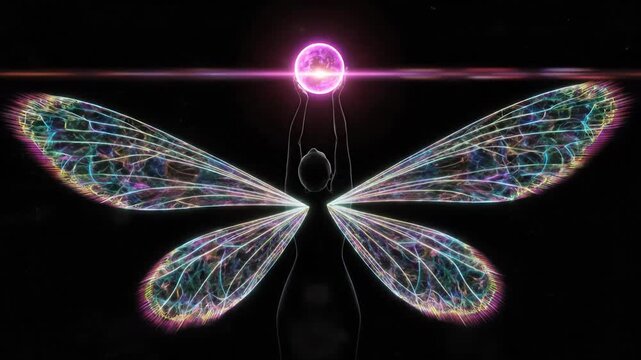 Magical Fairy with Glowing Wings and Orb in Dark Background