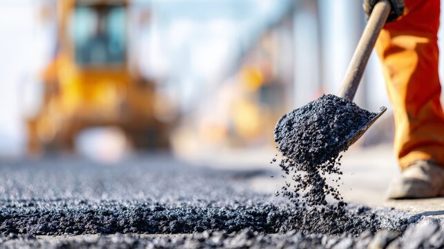Road construction worker shoveling fresh hot asphalt mix onto the street pavement for new road surface repair and infrastructure building