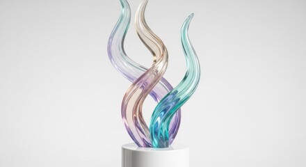 Fototapeta premium A glass sculpture with three abstract, flowing shapes in pastel colors on a white pedestal.