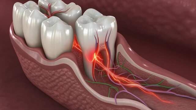 Dental anatomy 3 D of teeth with highlighted nerves and vessels in gums for educational and medical purposes