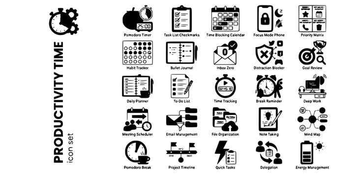 Productivity Time Management Flat Icons-Pomodoro Timer Task List Time Blocking Focus Priority Habit Tracker Inbox-25 Productivity Icon Set Vector - Time Management Icons