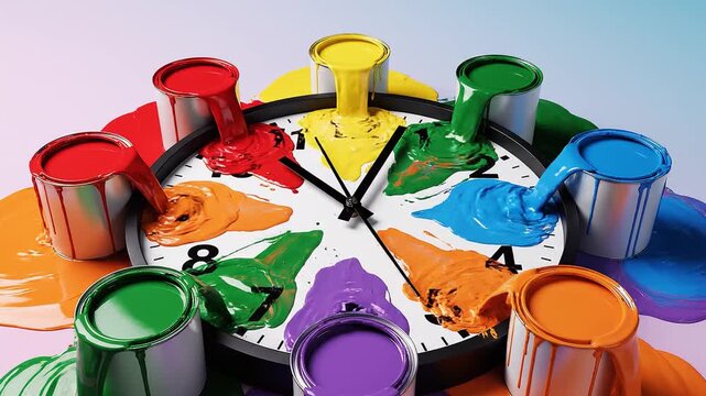 Colorful paint cans arranged around a clock face with timer hands pointing to 1200, symbolizing creativity and time management,Holi,Festival of Colors,4th March
