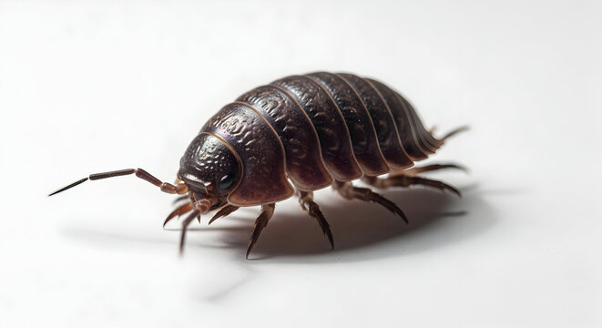 Close-up of a dark brown pill bug or woodlouse on a white background, showcasing its armored shell and multiple legs.