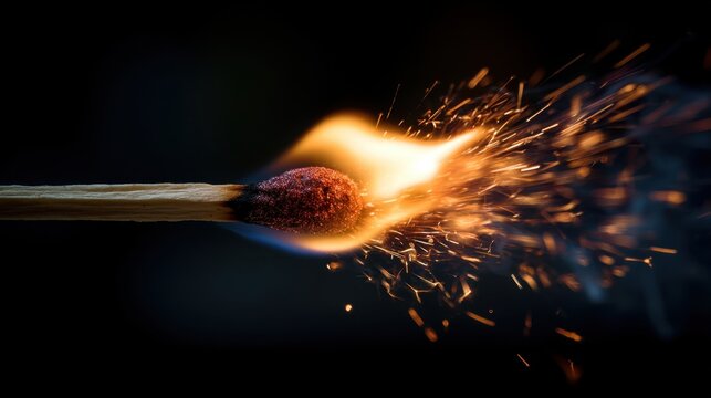 A matchstick is struck against a surface. The friction ignites the match causing bright flames and sparks to burst in the dark. This moment captures the start of fire.