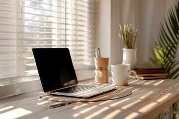 Modern home office desk with laptop and coffee cup near window blinds